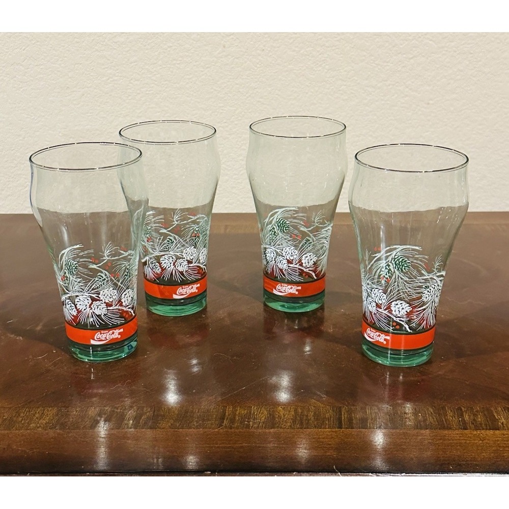 4 Vintage 1980 Libby Coca Cola Holiday Drinking Glasses Christmas Pinecone 14oz
